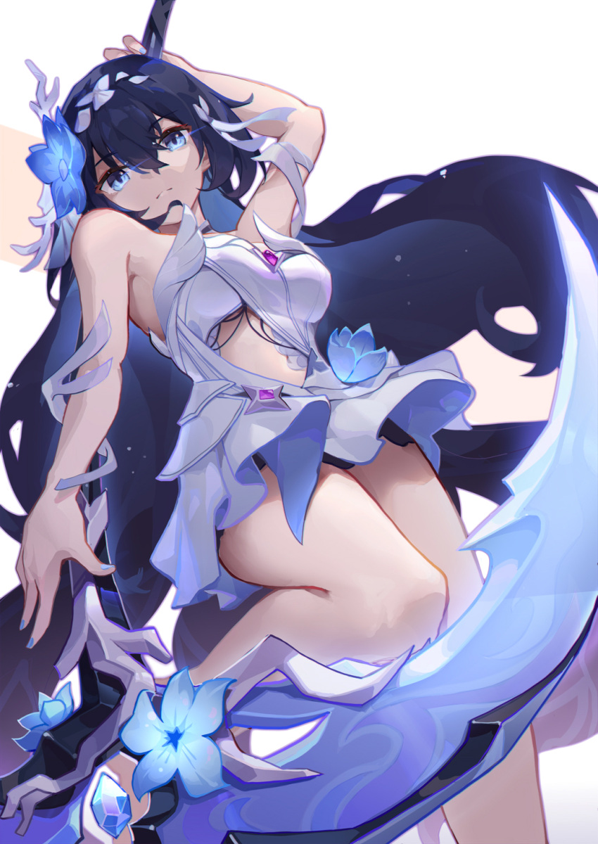 1girl asc11 bare_shoulders black_hair blue_eyes blue_flower blue_hair blue_nails breasts chinese_commentary closed_mouth dress flower hair_between_eyes hair_flower hair_ornament highres holding holding_scythe holding_weapon honkai_(series) honkai_impact_3rd long_hair looking_at_viewer medium_breasts scythe seele_vollerei seele_vollerei_(herrscher_of_rebirth) simple_background sleeveless sleeveless_dress smile solo thighs underboob very_long_hair weapon white_background white_dress