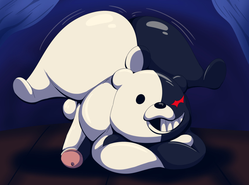 anthro ass_up balls bear big_penis butt danganronpa genitals handstand hi_res looking_at_viewer male mammal monokuma nude penis short_stack solo tepigfan101 theater