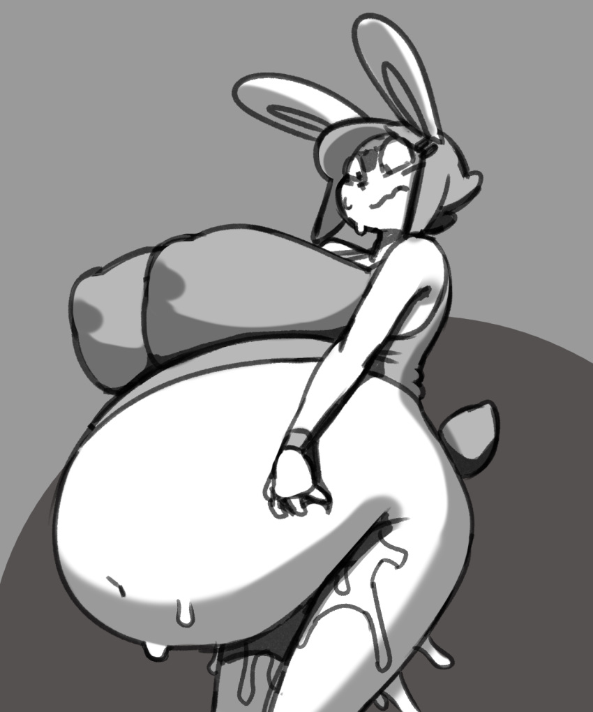 after_sex angstrom anthro belly big_belly big_breasts blush bodily_fluids bottomless bottomless_female breasts clothed clothing cum cum_inflation female flustered fur genital_fluids greyscale hi_res huge_breasts hyper hyper_belly hyper_breasts inflation lagomorph leaking_cum leporid mammal molly_(angstrom) monochrome rabbit solo standing sweat white_body white_fur