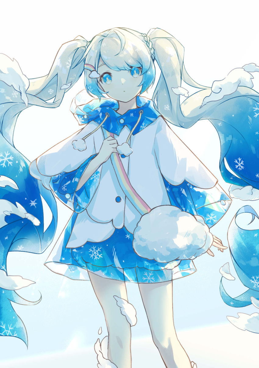 1girl absurdres bag blue_eyes blue_hair closed_mouth cloud cloud_print dress gradient_hair hatsune_miku highres long_sleeves multicolored_hair print_hair rainbow_hair_ornament rainbow_print raincoat simple_background snowflake_print solo twintails vocaloid white_background white_dress white_hair wide_sleeves yohki yuki_miku