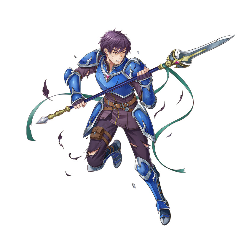 1boy armor blue_armor boots breastplate broken_armor clenched_teeth fire_emblem fire_emblem:_the_binding_blade fire_emblem_heroes holding holding_polearm holding_weapon injury katze-reis-kuchen--nyankoromochi noah_(fire_emblem) official_art one_eye_closed pants pauldrons polearm purple_eyes purple_hair short_hair shoulder_armor spear standing teeth torn_clothes torn_pants weapon