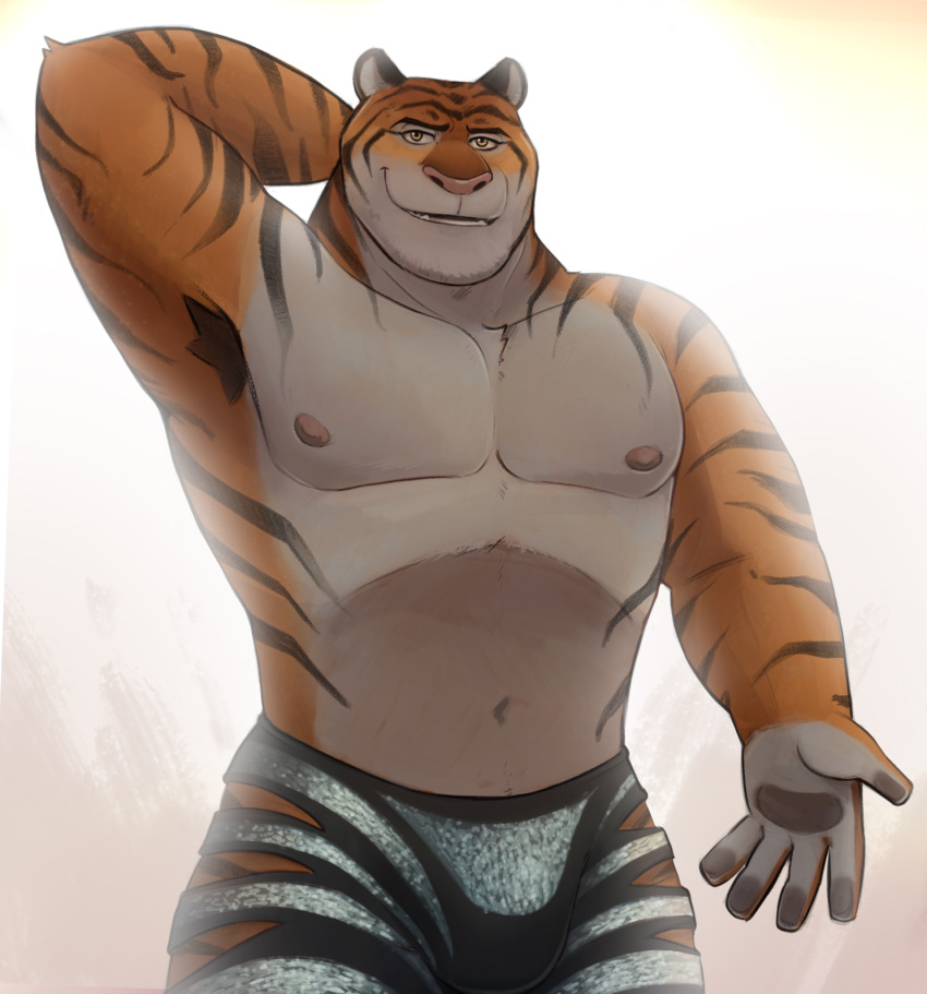 2023 anthro areola armpit_hair black_body black_fur black_stripes body_hair bulge clothed clothing digital_media_(artwork) disney eyebrows felid fur hi_res male mammal muscular muscular_anthro muscular_male navel nipples open_mouth open_smile orange_body orange_fur pantherine pecs pose smile solo striped_body striped_fur stripes tan_body tan_fur teeth tiger tiger_dancer_(zootopia) topless zcdartz zootopia