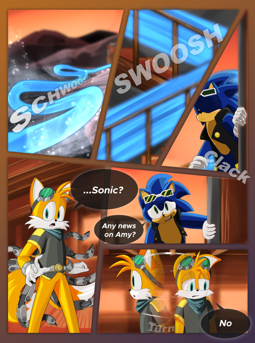 2023 absurd_res anthro breech_loader canid canine clothing comic cybernetics cyborg detailed_background dialogue duo english_text eulipotyphlan eyewear eyewear_on_head fox goggles hedgehog hi_res inside jacket machine male mammal miles_prower sega sonic_the_hedgehog sonic_the_hedgehog_(series) sound_effects sunglasses sunglasses_on_head text topwear toso