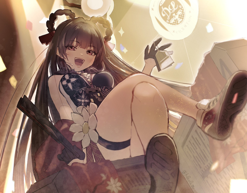 1girl bare_shoulders braid braided_hair_rings brown_hair china_dress chinese_clothes dress earrings flower gloves goddess_of_victory:_nikke hair_ribbon hair_rings hand_fan highres holding holding_fan indoors jewelry legs long_hair mutsui red_eyes ribbon shoes sitting sneakers solo thigh_strap thighs twin_braids very_long_hair white_flower yan_(nikke)