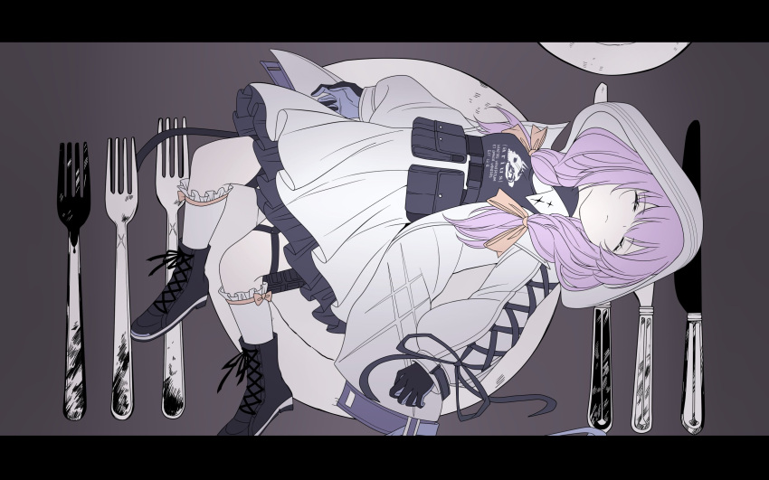 1girl arikalovesyou2 atsuko_(blue_archive) belt_pouch bitter_choco_decoration_(vocaloid) black_footwear black_gloves blue_archive boots bow closed_eyes commentary_request flak_jacket fork frilled_socks frills gloves hair_bow highres jacket knife letterboxed light_purple_hair long_sleeves plate pouch ribbon-trimmed_legwear ribbon_trim socks solo thigh_strap unconscious vocaloid white_hood white_socks yellow_bow