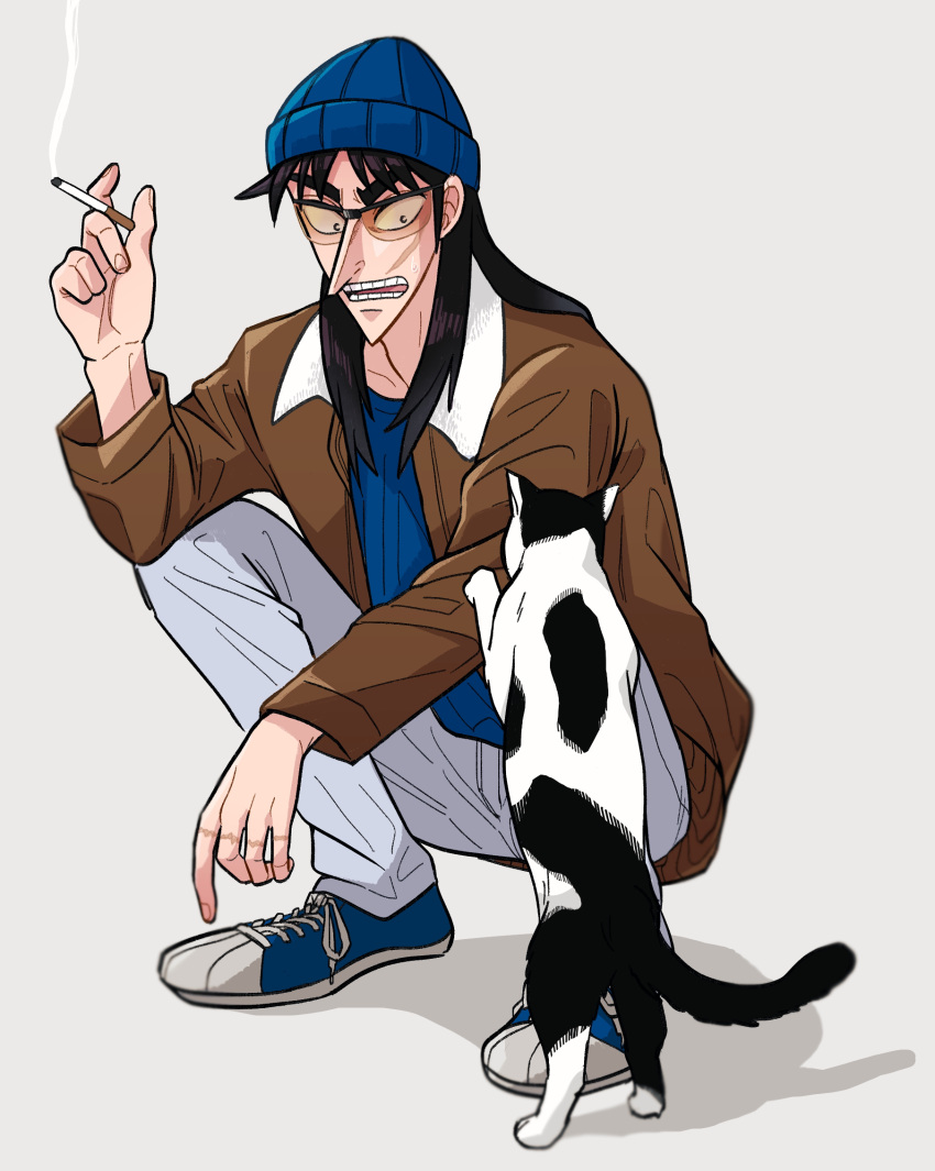 1boy beanie blue_footwear blue_headwear blue_shirt bomber_jacket brown_jacket cat cigarette commentary_request fukumoto_nobuyuki_(style) full_body grey_background grey_pants hat highres holding holding_cigarette itou_kaiji jacket kaiji long_hair long_sleeves looking_at_animal male_focus medium_bangs official_style open_clothes open_jacket open_mouth pants parody pointy_nose shirt shoes simple_background slav_squatting smoking sneakers solo squatting style_parody sunglasses usarinko