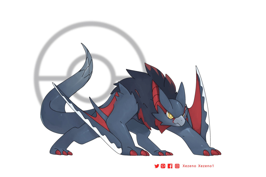 animal_focus artist_name claws commentary crossover dragon english_commentary facebook_logo facebook_username fakemon from_side full_body highres instagram_logo instagram_username monster_hunter_(series) nargacuga no_humans pixiv_logo pixiv_username poke_ball pokemon pokemon_(creature) simple_background smile solo standing twitter_logo twitter_username wavy_mouth white_background wyvern xezeno yellow_eyes yellow_pupils