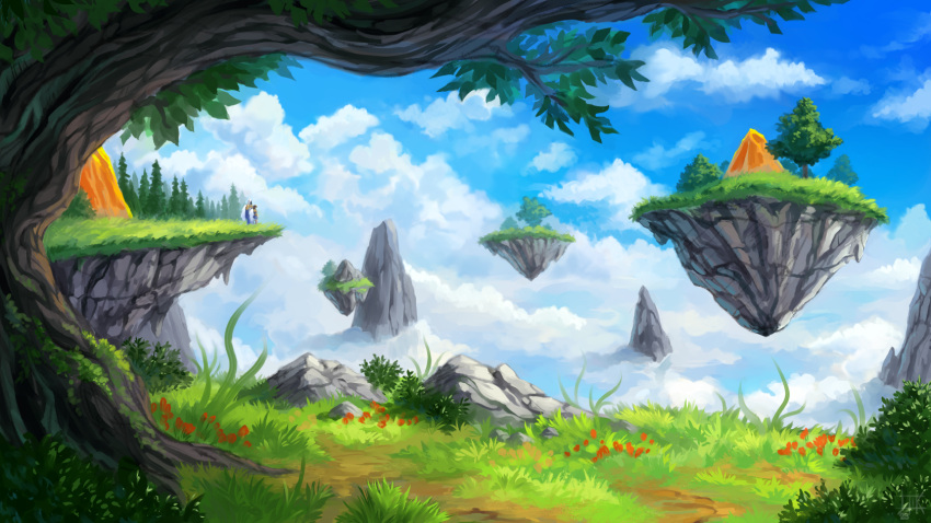 blue_sky cliff cloud cubehero fantasy floating_island grass highres mountain original scenery signature sky tree