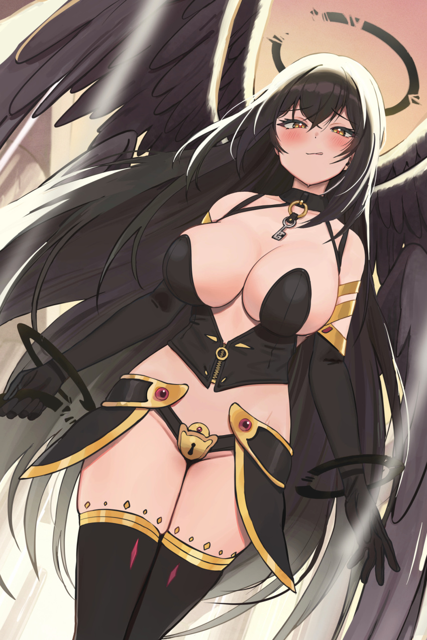 1girl :q armor bare_shoulders black_choker black_gloves black_hair black_panties black_thighhighs breasts choker cleavage closed_mouth corset elbow_gloves faulds feathered_wings gloves gold_trim halo highres key large_breasts lock long_hair looking_at_viewer multiple_wings naughty_face original padlock panties revealing_clothes smile solo standing thighhighs thighs tongue tongue_out twin_(tt_lsh) underwear very_long_hair wings yellow_eyes zipper