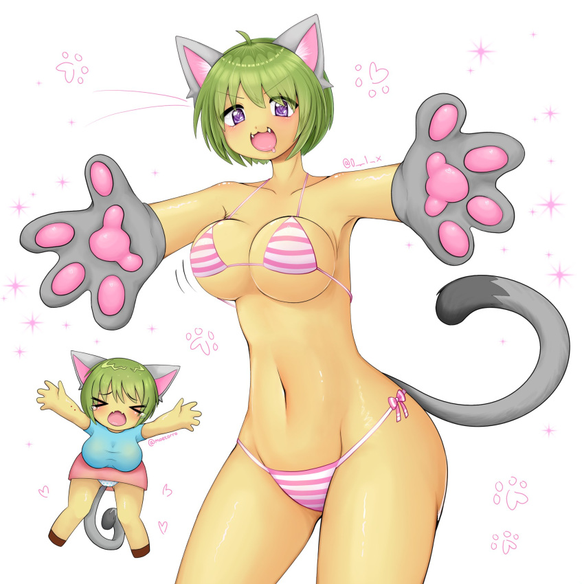 &lt;3 &lt;3_eyes animal_humanoid bangs bikini_thong bite_mark blush bodily_fluids bottomwear bouncing_breasts breasts cat_humanoid cleavage clothed clothing drooling fangs felid felid_humanoid feline feline_humanoid female glistening glistening_body glistening_skin green_hair hair handpaw hi_res humanoid mammal mammal_humanoid metro_1_x microskirt miniskirt navel nyan_neko_sugar_girls open_mouth open_smile panties pawpads paws pink_pawpads prick_ears purple_eyes raku-chan saliva shirt skimpy_bikini skirt slim smile solo sparkles swimwear t-shirt tail tan_body tan_skin tears teeth topwear under_boob underwear whiskers