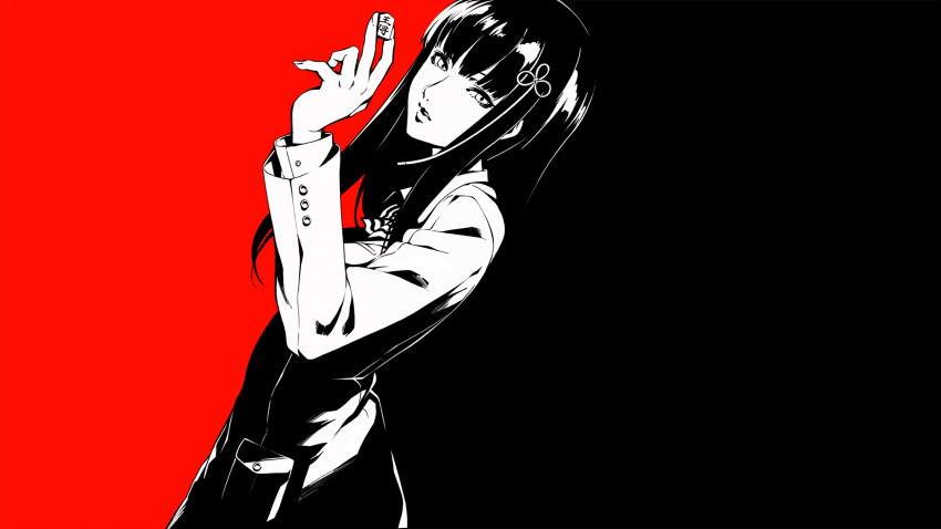 1girl between_fingers black_hair eyelashes fingernails highres holding kosei_high_school_uniform long_hair long_sleeves monochrome parted_lips persona persona_5 pocket school_uniform shogi_piece sidelocks solo tougou_hifumi two-tone_background yuuten