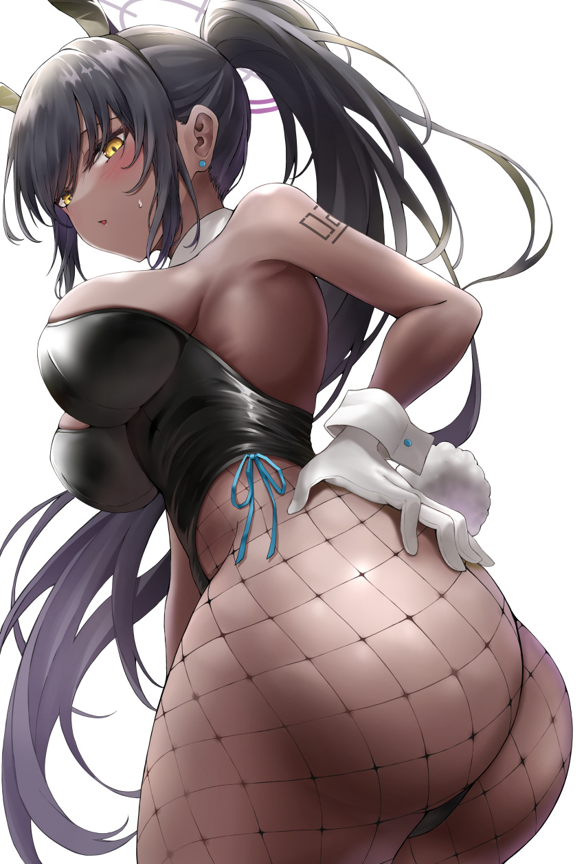 1girl absurdres animal_ears ass bare_shoulders black_hair black_leotard blue_archive blush breasts dark-skinned_female dark_skin detached_collar fake_animal_ears fishnet_pantyhose fishnets gloves halo highleg highleg_leotard highres karin_(blue_archive) karin_(bunny)_(blue_archive) large_breasts lds_(dstwins97) leotard long_hair looking_at_viewer looking_back open_mouth pantyhose playboy_bunny ponytail rabbit_ears rabbit_tail sidelocks solo tail thighs very_long_hair white_background white_gloves yellow_eyes