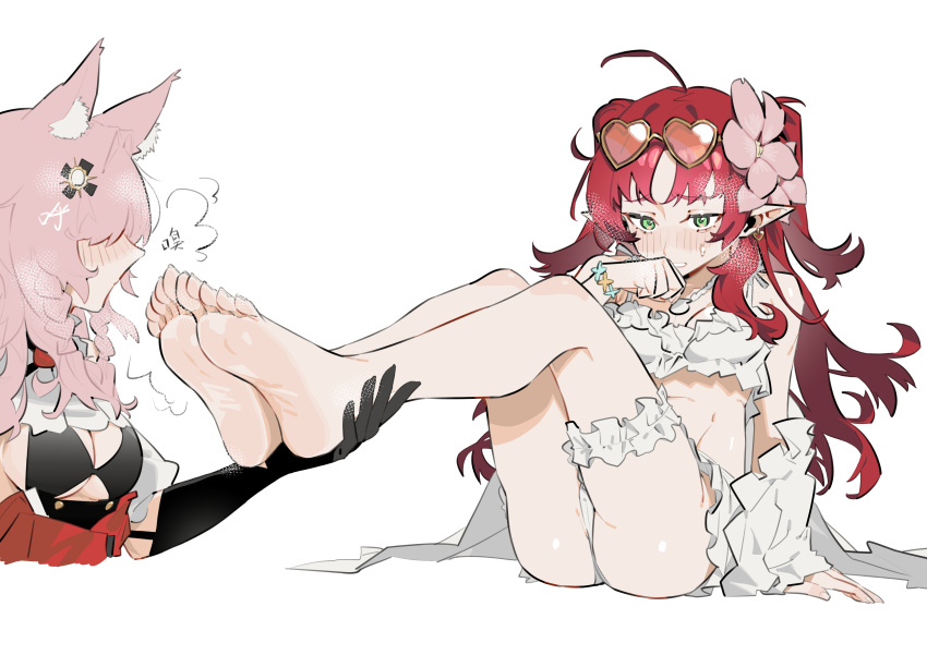 2girls absurdres ahoge animal_ears arknights ass barefoot black_gloves blush braid breasts cleavage durin_(arknights) earrings gloves green_eyes hair_ornament highres jewelry long_hair multiple_girls pink_hair pointy_ears pozyomka_(arknights) red_hair renxzd sitting sunglasses white_background wolf_ears yuri