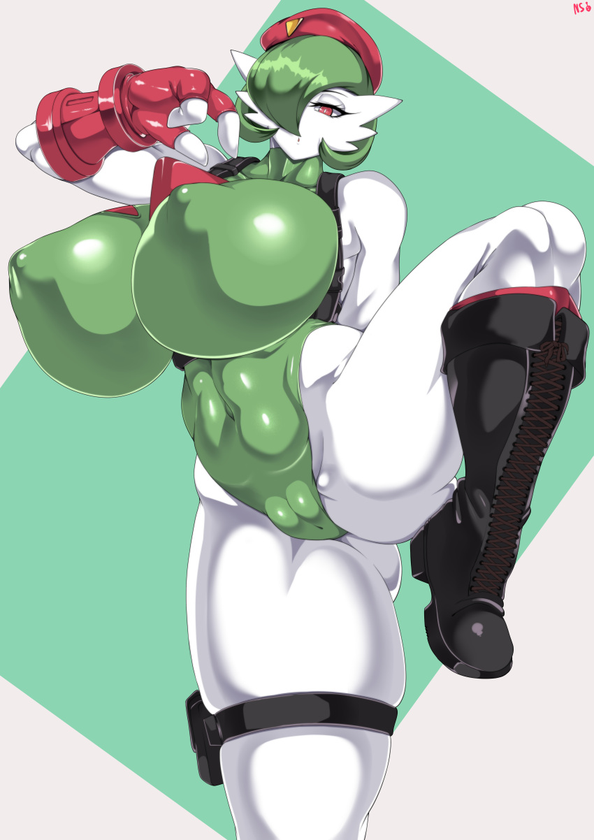 absurd_res anthro big_breasts boots breasts butt cammy_(street_fighter) capcom clothed clothing cosplay curvaceous curvy_figure female footwear fur gardevoir generation_3_pokemon gloves green_clothing green_leotard hair handwear hat headgear headwear hi_res humanoid leotard nintendo nipple_outline pokemon pokemon_(species) red_clothing red_eyes red_gloves red_handwear red_hat red_headwear simple_background solo street_fighter thick_thighs voluptuous wirberlwind