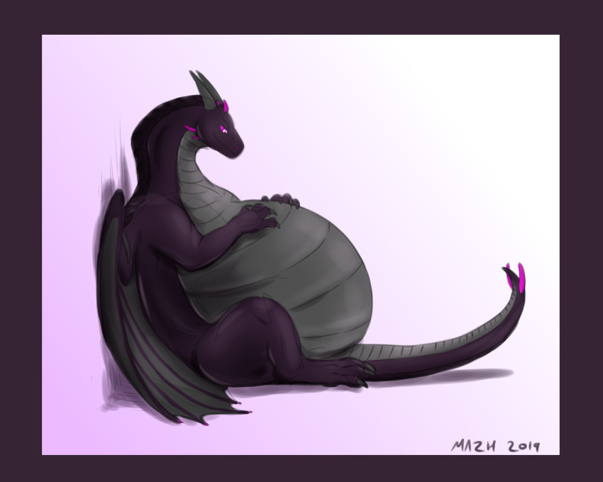 2019 4_toes 5:4 belly big_belly border claws dragon ender_(theassassin1) eyebrows feet feral grey_claws grey_horn horn male mazhthegrey obese obese_feral obese_male overweight overweight_feral overweight_male pink_eyes purple_body purple_border solo tail toes wings