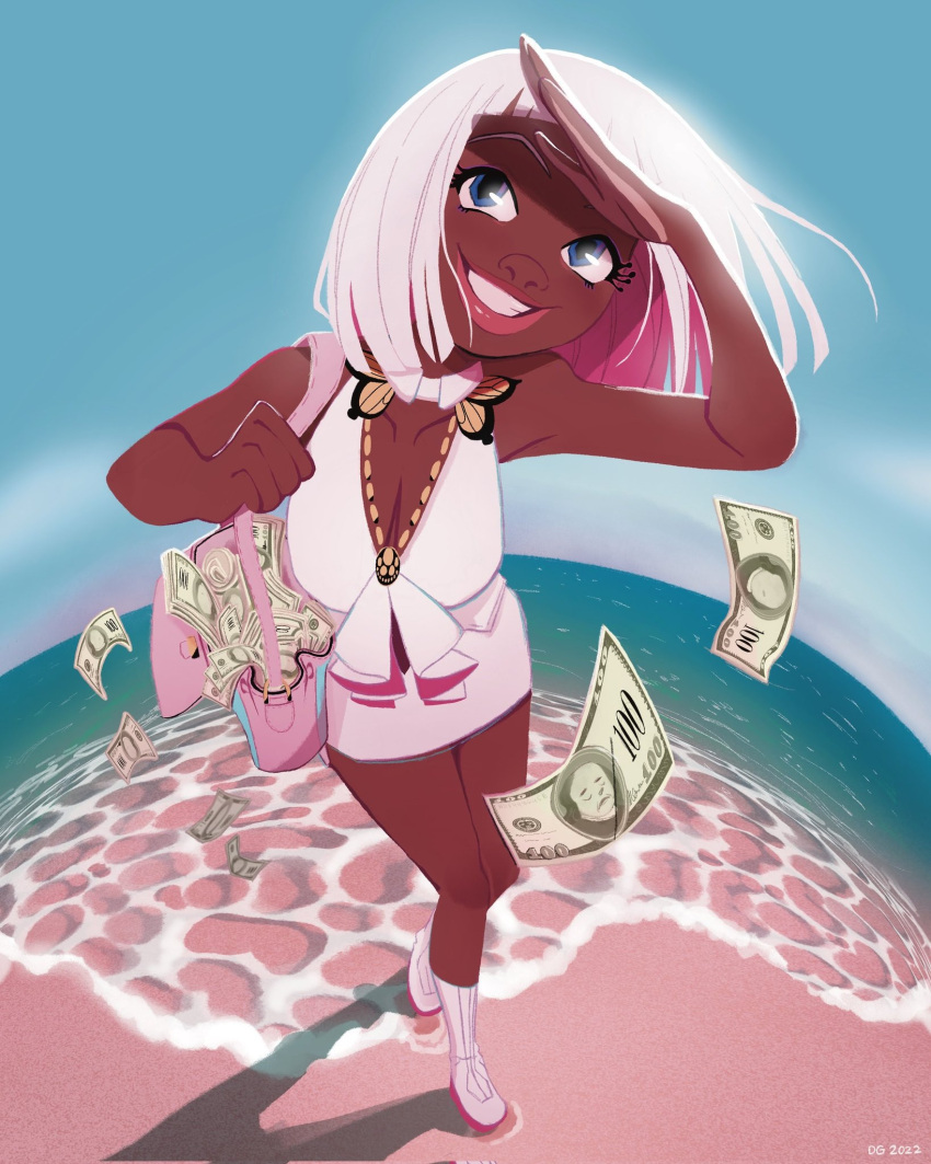 1girl 2022 bag banknote bare_arms beach blue_eyes blue_sky blunt_bangs breasts cleavage collarbone colored_inner_hair commentary dark-skinned_female dark_skin day deanne_go dollar_bill dorothy_(great_pretender) english_commentary fisheye full_body great_pretender grin handbag highres initial medium_hair money multicolored_hair ocean outdoors pink_hair sand shore skirt sky smile solo two-tone_hair very_dark_skin water white_hair white_skirt