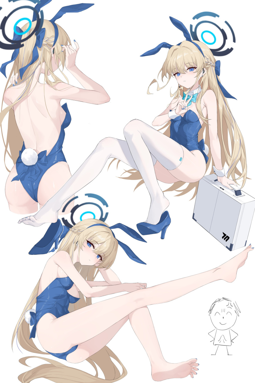 1girl absurdres adjusting_hair anger_vein animal_ears arona's_sensei_doodle_(blue_archive) ass asymmetrical_hair asymmetrical_sidelocks back bare_back bare_legs bare_shoulders blonde_hair blue_archive blue_bow blue_bowtie blue_eyes blue_footwear blue_hair blue_leotard blue_nails bow bowtie braid cameltoe choppy_bangs collage cropped_legs detached_collar earphones earrings erection fake_animal_ears french_braid full_body hair_bow halo hand_on_own_hip high_heels highleg highleg_leotard highres jewelry leotard long_hair looking_at_viewer multicolored_hair playboy_bunny rabbit_ears rabbit_tail sensei_(blue_archive) shoes shoes_removed sidelocks stiletto_heels suitcase tail thighhighs toki_(blue_archive) toki_(bunny)_(blue_archive) v white_background white_thighhighs wrist_cuffs yume_(454565427)