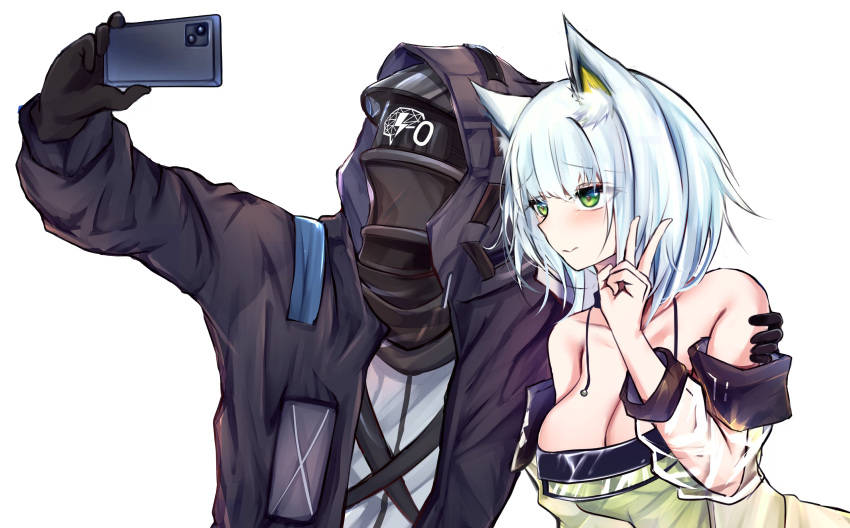 1girl 1other absurdres animal_ears arknights bare_shoulders black_jacket breasts cat_ears cellphone cleavage commentary doctor_(arknights) green_eyes highres holding holding_phone hood hooded_jacket jacket kal'tsit_(arknights) kokihanada large_breasts long_sleeves off_shoulder phone selfie short_hair simple_background smartphone symbol-only_commentary upper_body v white_background white_hair