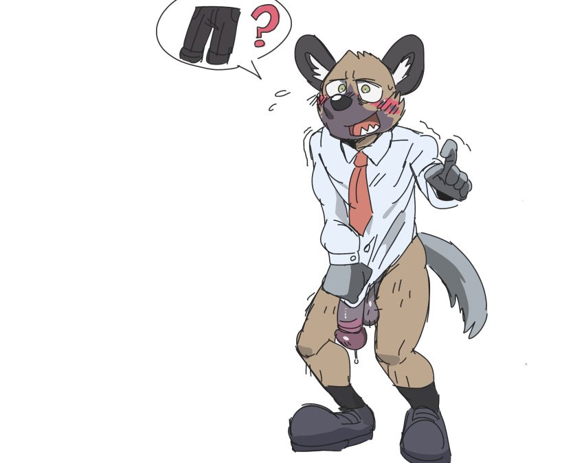 aggretsuko anthro balls blush bodily_fluids bottomless clothed clothing covering covering_self dress_shirt dripping flaccid genital_fluids genitals haida_(aggretsuko) hi_res hollowpup hyena male mammal necktie penis pictographics precum precum_drip sanrio shirt simple_background topwear topwear_only white_background