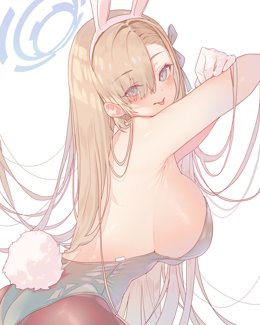 1girl absurdres animal_ears armpits arms_up asuna_(blue_archive) asuna_(bunny)_(blue_archive) asymmetrical_bangs bare_shoulders blue_archive blue_eyes blue_leotard blush breasts closed_mouth eyes_visible_through_hair fake_animal_ears gloves hair_over_one_eye halo highleg highleg_leotard highres large_breasts leotard light_brown_hair long_hair looking_at_viewer official_alternate_costume pantyhose playboy_bunny rabbit_ears sideboob solo strapless strapless_leotard tongue tongue_out torano white_gloves