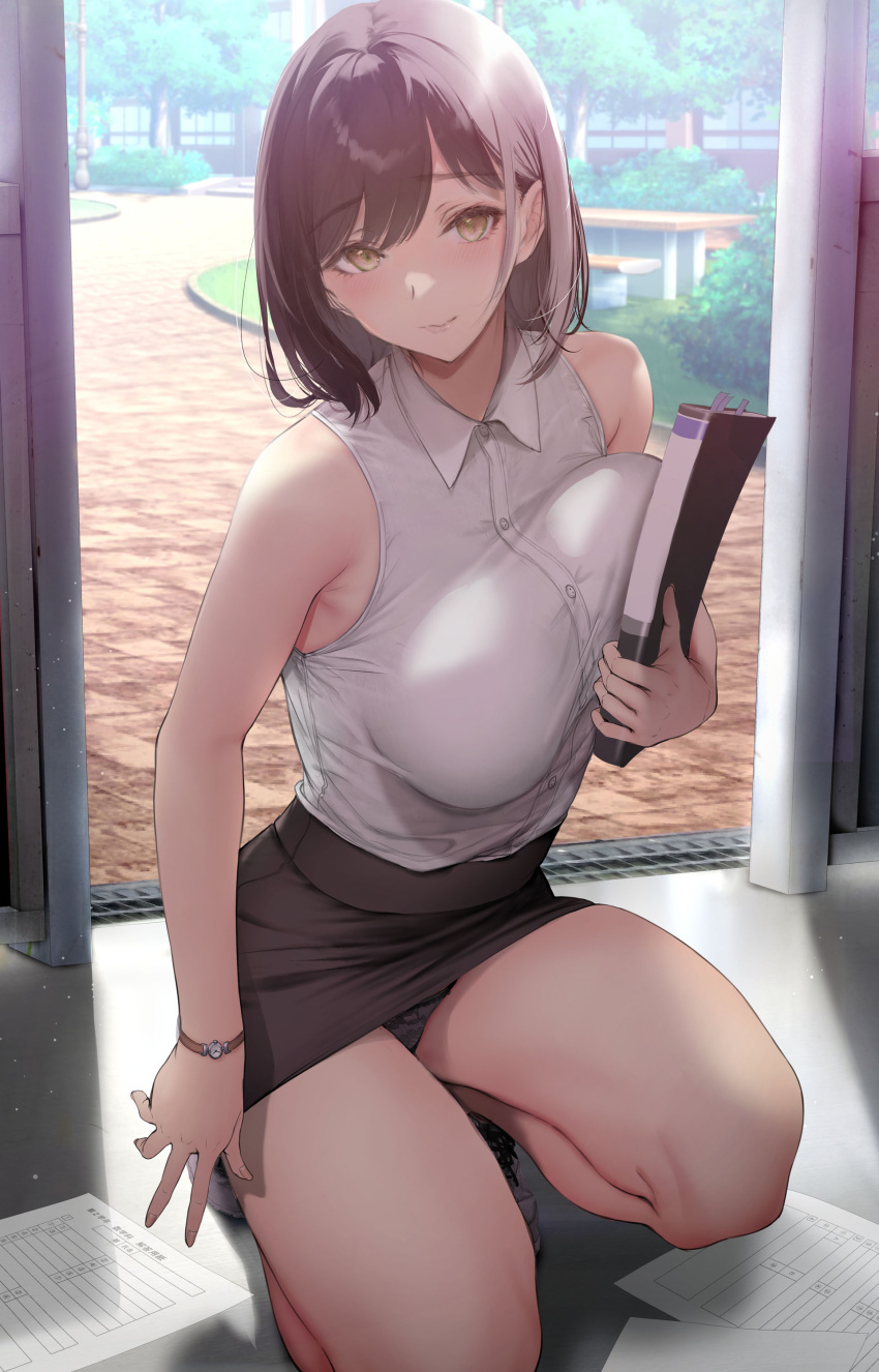 1girl absurdres bare_arms bare_shoulders black_panties black_skirt breasts brown_hair closed_mouth collared_shirt gentsuki highres holding kneeling large_breasts looking_at_viewer original panties shirt shirt_tucked_in skirt sleeveless sleeveless_shirt smile solo thighs underwear white_shirt yellow_eyes