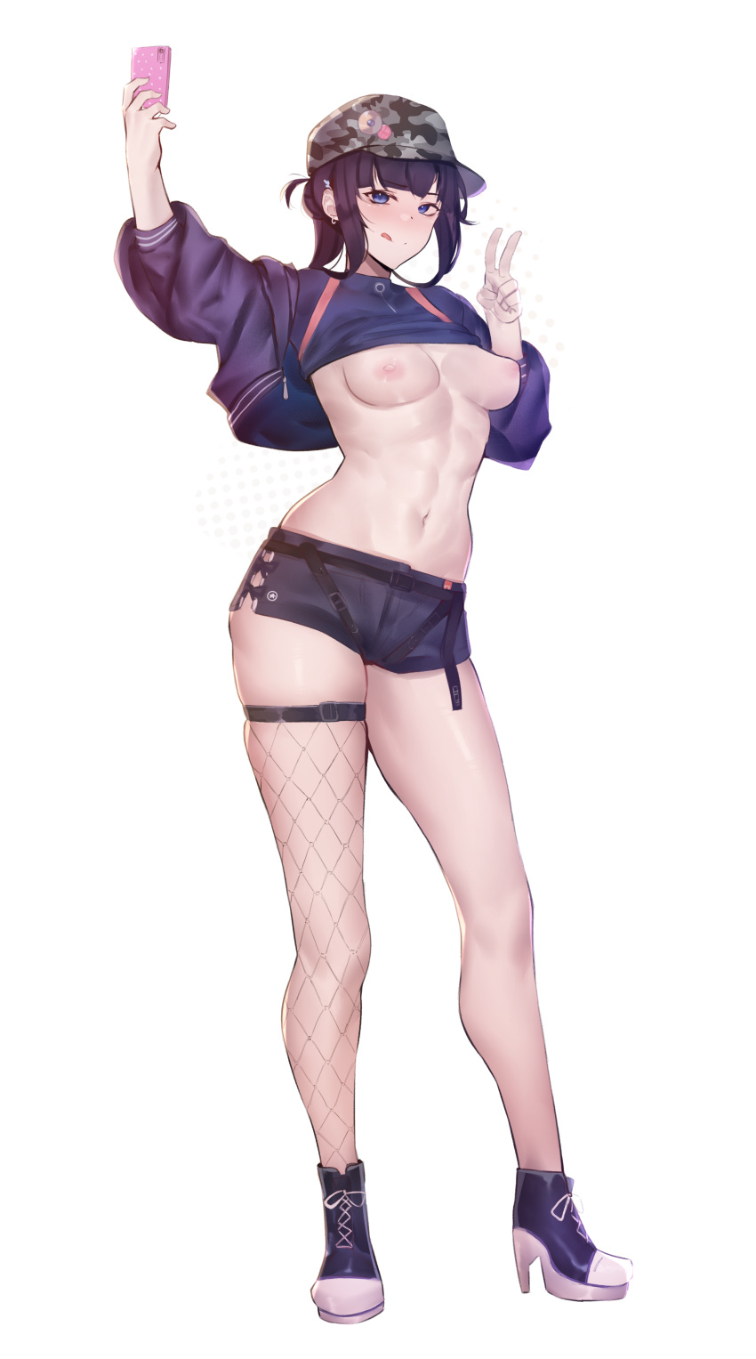 abs absurdres asymmetrical_legwear blue_eyes breasts camouflage camouflage_headwear cellphone commission deccatezu fate/grand_order fate_(series) fishnets high_heels highres holding holding_phone jacket mismatched_legwear navel phone shorts stomach tongue tongue_out topless v yang_guifei_(fate)