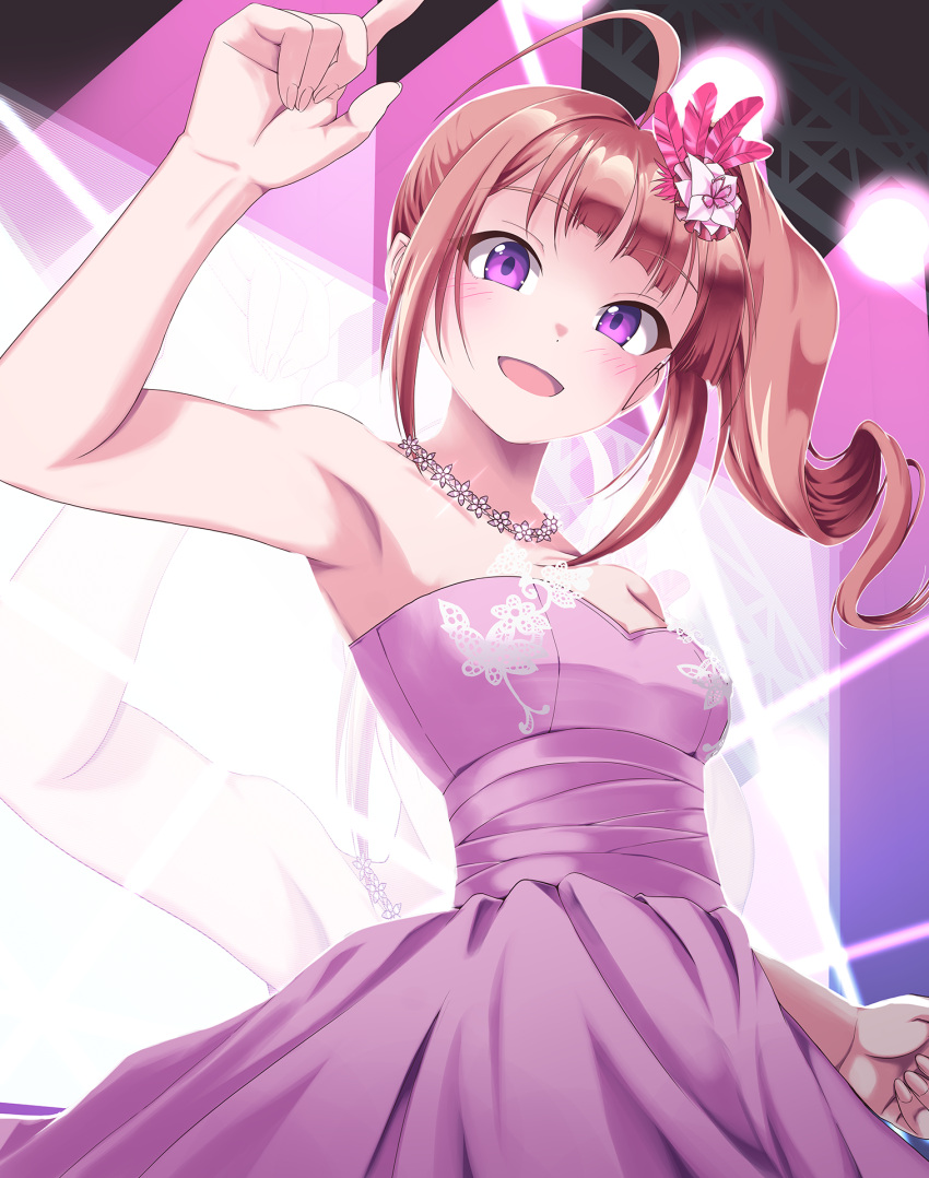 1girl ahoge arm_up armpits blush bow breasts brown_hair dot_nose dress drill_hair feather_hair_ornament feathers flower flower_necklace hair_flower hair_ornament highres idolmaster idolmaster_million_live! idolmaster_million_live!_theater_days index_finger_raised jewelry lace_trim long_hair looking_at_viewer looking_down mimkai necklace open_mouth purple_dress purple_eyes screen side_drill side_ponytail sidelocks smile solo spotlight stage stage_lights standing waist_bow yokoyama_nao