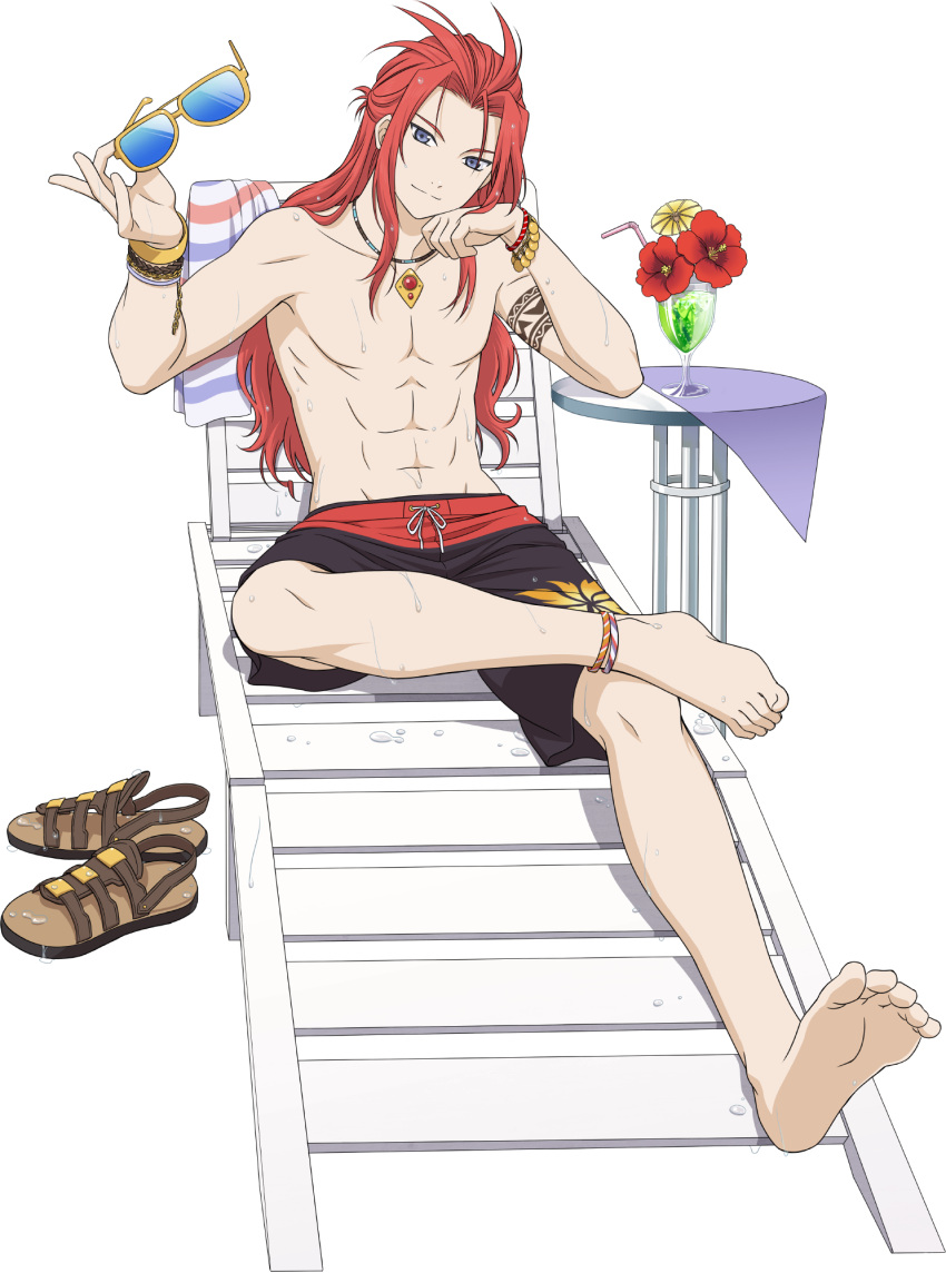 1boy abs anklet blue_eyes bracelet drinking_straw english_commentary highres holding holding_eyewear jewelry legs long_hair male_focus male_swimwear necklace official_art sandals smile soles sunlight tales_of_(series) tales_of_asteria tales_of_symphonia toenails toes topless_male transparent_background wet zelos_wilder