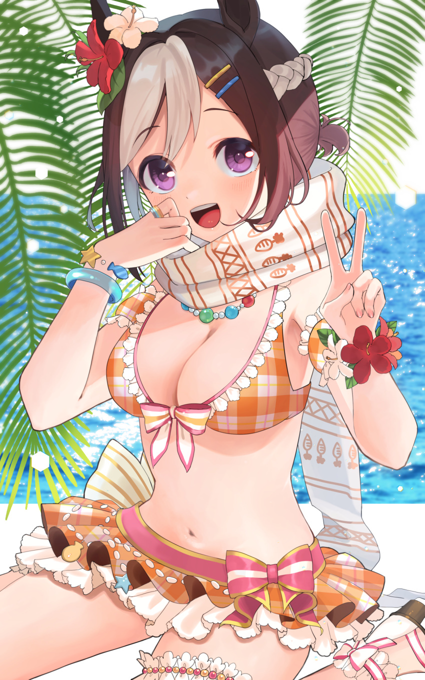 1girl absurdres breasts cleavage commentary_request flower hair_flower hair_ornament hairclip highres horse_girl jewelry looking_at_viewer lvetica medium_breasts medium_hair navel necklace ocean open_mouth palm_leaf purple_eyes ribbon scarf solo special_week_(umamusume) swimsuit teeth umamusume upper_teeth_only v