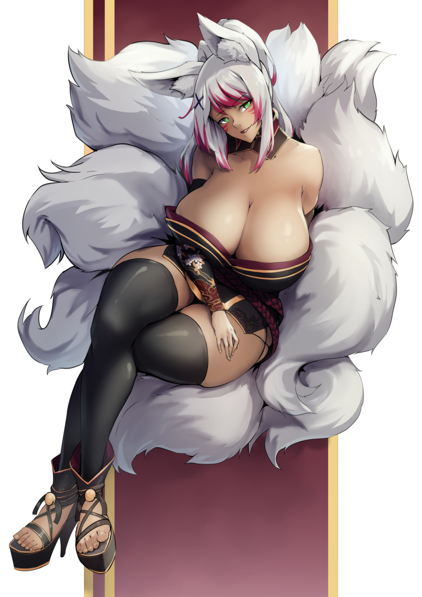 2022 5_toes 9_tails accessory animal_humanoid armwear bare_shoulders big_breasts biped black_armwear black_bottomwear black_clothing black_footwear black_legwear black_shoes black_thigh_highs bottomwear breasts canid canid_humanoid canine canine_humanoid cleavage clothed clothing colored digital_media_(artwork) eye_markings eyelashes feet female fingers fluffy fluffy_tail footwear fox_humanoid front_view full-length_portrait fully_clothed fur glistening glistening_body glistening_breasts glistening_skin green_eyes grey_body grey_ears grey_fur grey_hair grey_inner_ear grey_inner_ear_fluff grey_tail hair hair_accessory hi_res high_heels highlights_(coloring) huge_breasts humanoid humanoid_hands inner_ear_fluff legwear light_body light_skin long_hair looking_at_viewer mammal mammal_humanoid markings monotone_body monotone_ears monotone_fur monotone_tail multi_tail multicolored_hair packge pattern_armwear pattern_clothing pink_hair pink_highlights pink_markings platform_footwear platform_heels ponytail portrait pupils purple_clothing purple_topwear shaded shirt_collar simple_background sitting skimpy smile solo tail thick_tail thigh_highs toes tongue topwear tuft two_tone_hair