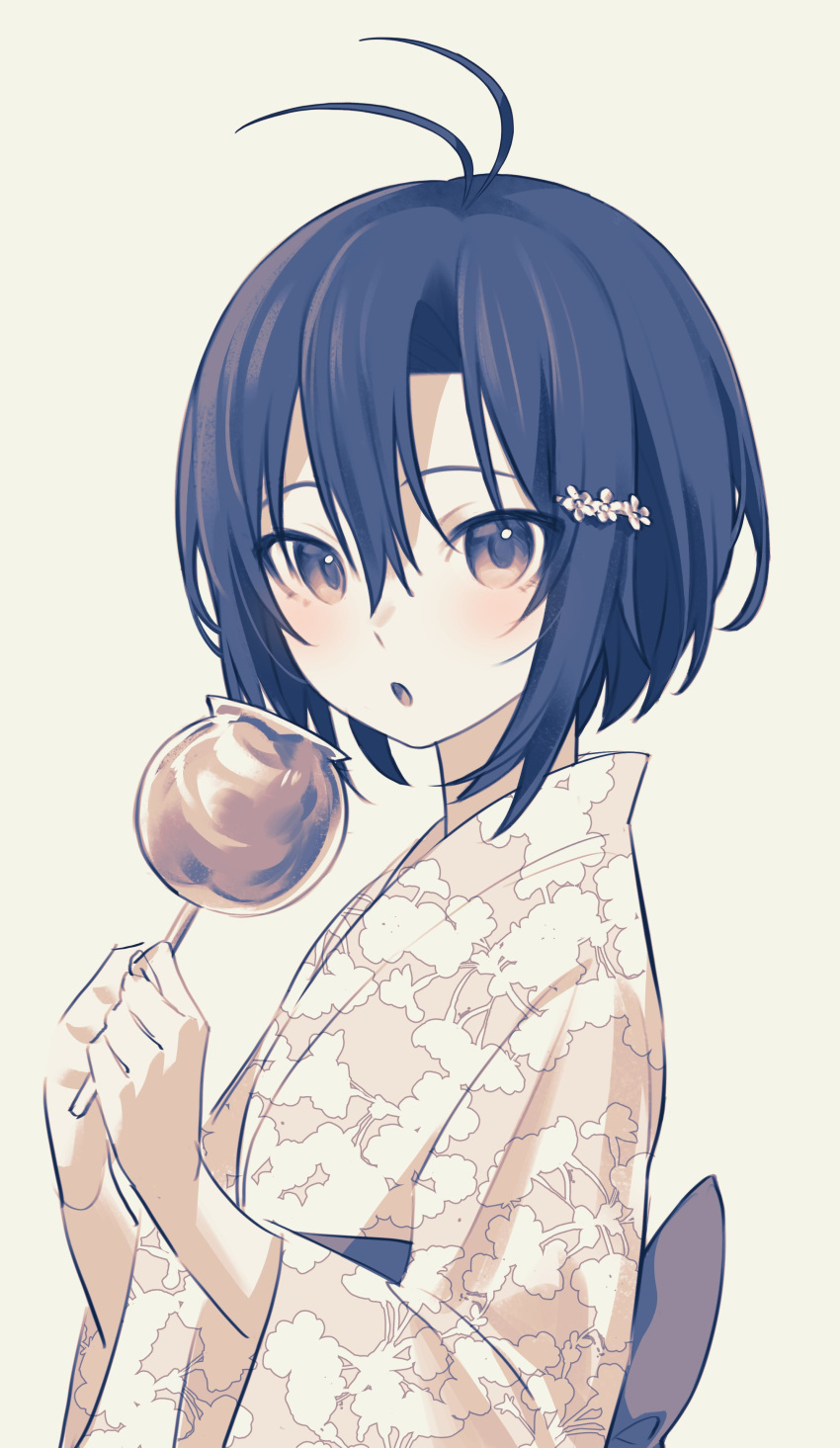 1girl :o absurdres antenna_hair black_hair blush breasts candy_apple commentary floral_print food from_side hair_between_eyes hair_ornament hairclip highres holding holding_food idolmaster idolmaster_(classic) japanese_clothes kikuchi_makoto kimono long_bangs long_sleeves looking_at_viewer looking_to_the_side monochrome obi open_mouth sash sepia short_hair simple_background small_breasts solo turning_head upper_body very_short_hair vickyycy99 wide_sleeves yellow_background yukata