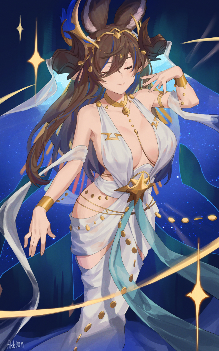 1girl absurdres animal_ears artist_name bare_shoulders blush breasts brown_hair cleavage closed_eyes closed_mouth dress extra_ears feet_out_of_frame fikkyun galleon_(granblue_fantasy) granblue_fantasy hand_up highres horns iatromantis_(granblue_fantasy) large_breasts long_hair multicolored_hair pointy_ears shawl sleeveless sleeveless_dress smile solo sparkle standing streaked_hair white_background wrist_cuffs