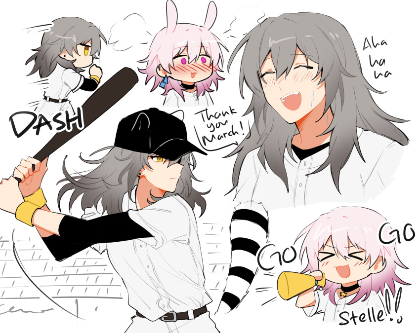 ! !! 2girls absurdres animal_ears baseball_bat baseball_cap baseball_uniform belt belt_buckle blush buckle choker closed_eyes english_text grey_hair hair_between_eyes hat highres honkai:_star_rail honkai_(series) march_7th_(honkai:_star_rail) medium_hair multiple_girls multiple_views natsuki_(2917) open_mouth pink_hair rabbit_ears simple_background sportswear stelle_(honkai:_star_rail) teeth tongue trailblazer_(honkai:_star_rail) white_background yellow_eyes