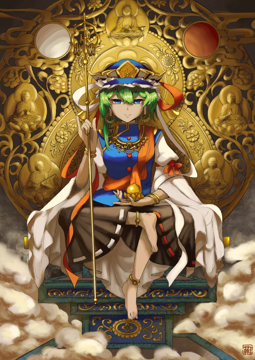 1girl anklet aoiueo12 asymmetrical_hair bangle barefoot black_skirt blue_eyes blue_vest bracelet breasts buttons earrings embellished_costume full_body gold_trim green_hair hair_between_eyes half-closed_eyes hat highres holding holding_staff jewelry light_smile medium_breasts pinky_out ribbon shiki_eiki sitting skirt sleeves_past_elbows solo staff straight-on toes touhou vest wide_sleeves