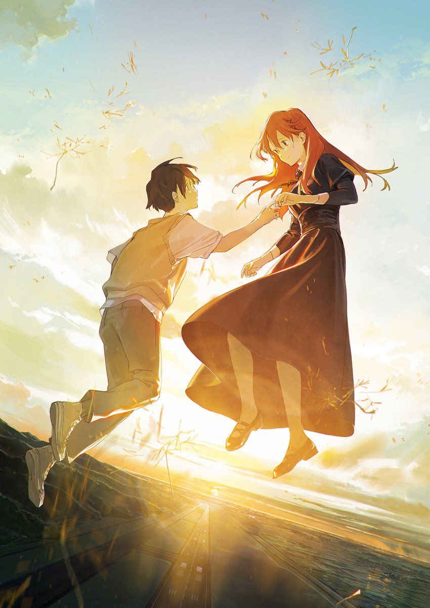 1boy 1girl black_dress black_footwear black_hair breasts brown_eyes brown_hair brown_sweater_vest closed_mouth cloud dress eye_contact floating grey_pants hair_between_eyes highres horizon key_visual landscape long_hair looking_at_another medium_breasts official_art outdoors pants promotional_art runway sato_ayane school_uniform shirt short_hair sky smile sugisaki_tomoya summer_ghost sunset sweater_vest white_footwear white_shirt