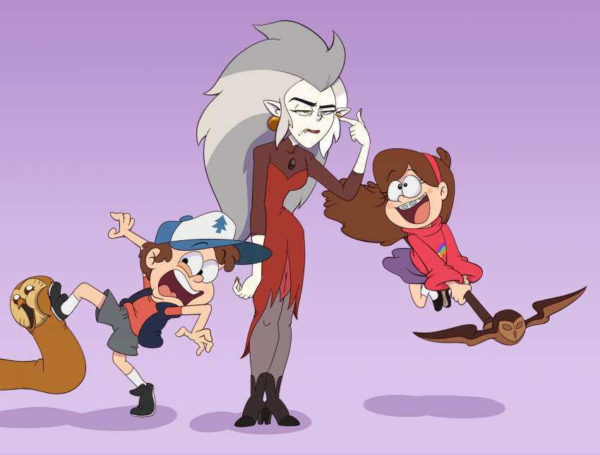 avian bird clothing crossover dipper_pines disney eda_clawthorne female flying gravity_falls group hair hi_res hooty_(the_owl_house) human humanoid humanoid_pointy_ears long_hair mabel_pines male mammal owl scottforester17 sibling_(lore) simple_background staff the_owl_house witch_(the_owl_house)