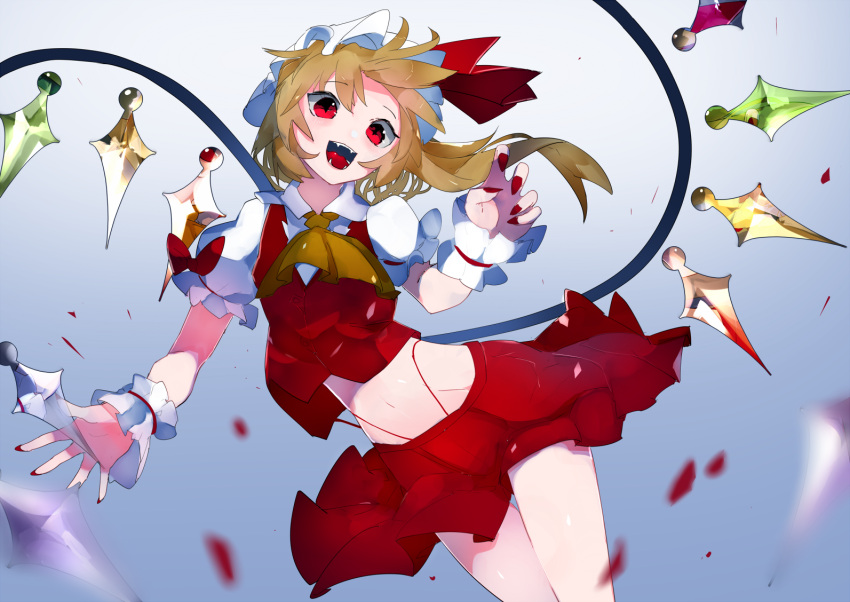 1girl ascot blonde_hair blue_background bow buttons claw_pose collared_shirt cowboy_shot crystal fangs fingernails flandre_scarlet gradient_background groin hat head_tilt ikurauni looking_at_another medium_hair midriff miniskirt mob_cap multicolored_wings nail_polish navel one_side_up open_mouth puffy_sleeves red_bow red_eyes red_nails red_ribbon red_skirt red_vest ribbon sharp_fingernails sharp_teeth shirt simple_background skirt sleeve_bow sleeve_ribbon solo teeth thighs touhou vest white_headwear white_shirt wings wrist_cuffs yellow_ascot