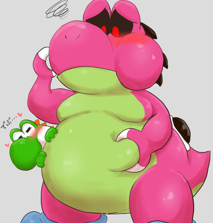 absurd_res anthro digital_drawing_(artwork) digital_media_(artwork) digital_painting_(artwork) dinosaur dragon duo green_body hi_res male male/male mario_bros namoke nintendo overweight purple_body red_eyes reptile scalie slightly_chubby slit smile solo yoob yoshi's_island yoshi_(character)
