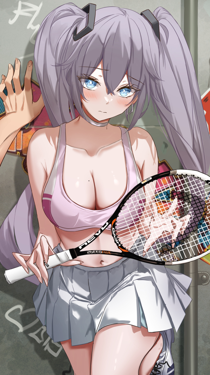 1girl absurdres against_wall alternate_costume azur_lane bare_arms bare_shoulders blue_eyes blush bra breasts choker cleavage closed_mouth collarbone commission commissioner_upload crop_top earrings embarrassed graffiti grey_hair hair_between_eyes hair_ornament highres intrepid_(azur_lane) jewelry kabedon large_breasts long_hair looking_at_viewer midriff mole mole_on_breast navel pink_bra racket shoes sidelocks skirt sneakers sports_bra sportswear tennis_dress tennis_racket tennis_skirt tennis_uniform thighhighs twintails underwear vayneeeee wall white_skirt