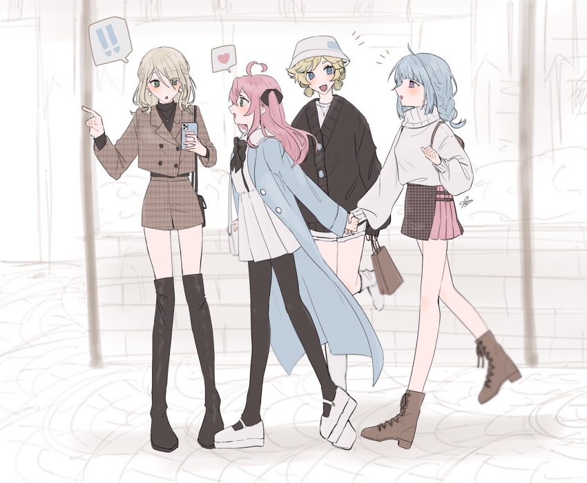 ! 4girls ahoge blonde_hair blue_hair ensemble_stars! fin00knsks full_body genderswap genderswap_(mtf) green_eyes green_hair half_updo harukawa_sora heart himemiya_tori holding_hands multicolored_hair multiple_girls pink_hair shino_hajime shiratori_aira_(ensemble_stars!) speech_bubble spoken_exclamation_mark spoken_heart twintails