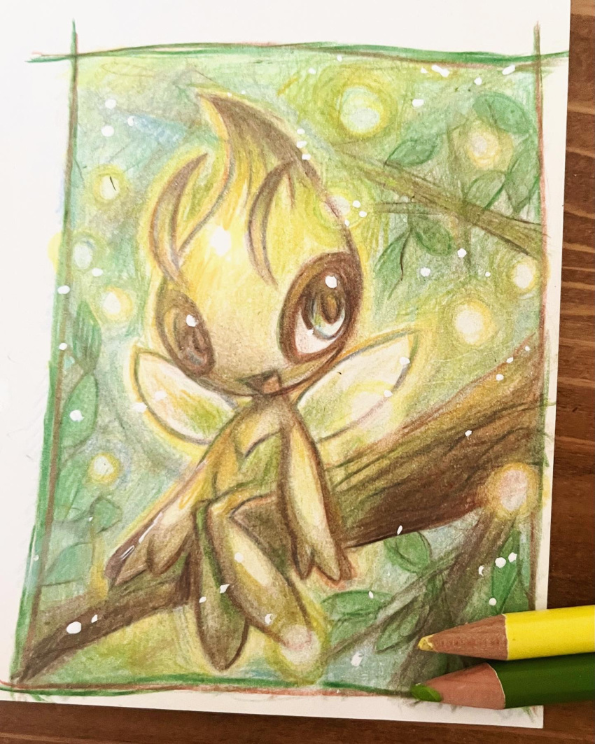 1other antennae blue_eyes border celebi colored_pencil_(medium) colored_skin commentary_request fairy_wings full_body green_background green_skin green_theme happy highres in_tree legs_together light_particles looking_to_the_side multicolored_skin open_mouth other_focus outdoors partial_commentary pencil photo_(medium) pokemon pokemon_(creature) sitting sketch smile solo tensaitou_tou traditional_media tree two-tone_skin white_wings wings