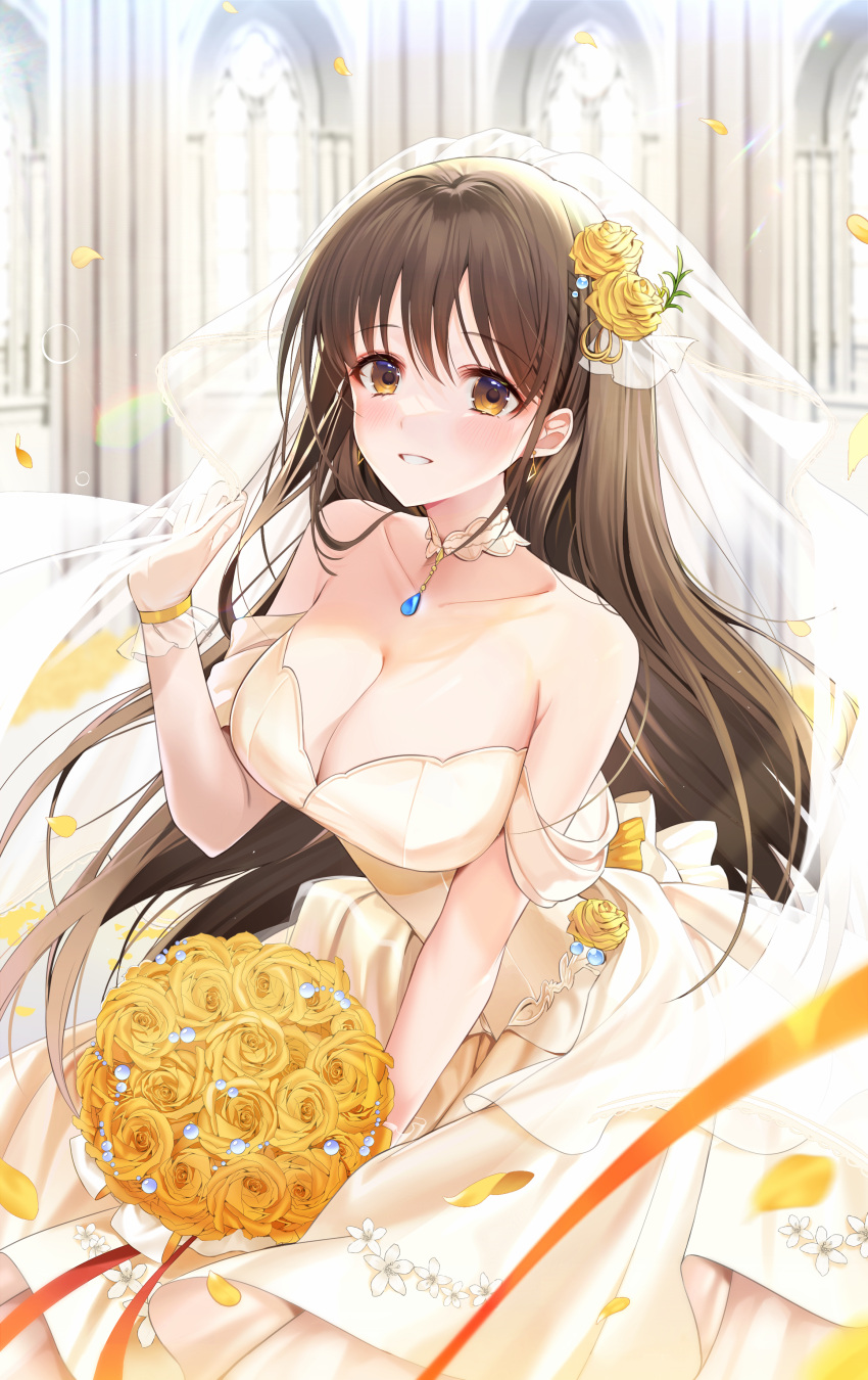 1girl absurdres bouquet breasts bridal_veil bride brown_eyes commission diesel_(nikke) dress flower goddess_of_victory:_nikke highres holding holding_bouquet ion_(on01e) jewelry large_breasts long_hair looking_at_viewer necklace pixiv_commission smile solo veil wedding_dress white_dress yellow_flower