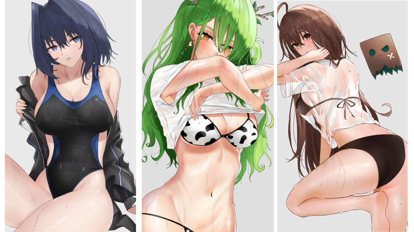 3girls ahoge animal_print arms_at_sides arms_up ass back bandages bare_legs barefoot bikini black_bikini blue_eyes blue_hair blush braid branch breasts brown_eyes brown_hair ceres_fauna cleavage clothes_lift cow_print cow_print_bikini earrings english_commentary eyelashes friend_(nanashi_mumei) from_behind green_hair grey_background hair_between_eyes hair_branch hair_intakes highres hololive hololive_english jacket jewelry knee_up large_breasts long_hair looking_back messy_hair mole mole_under_eye multicolored_hair multiple_girls nanashi_mumei navel one-piece_swimsuit ouro_kronii parted_lips removing_jacket rynn_020 see-through see-through_shirt shirt shirt_lift sidelocks sitting stomach streaked_hair summer sweat swimsuit t-shirt thick_thighs thighs upper_body very_long_hair virtual_youtuber wet wet_clothes wet_hair wet_shirt yellow_eyes