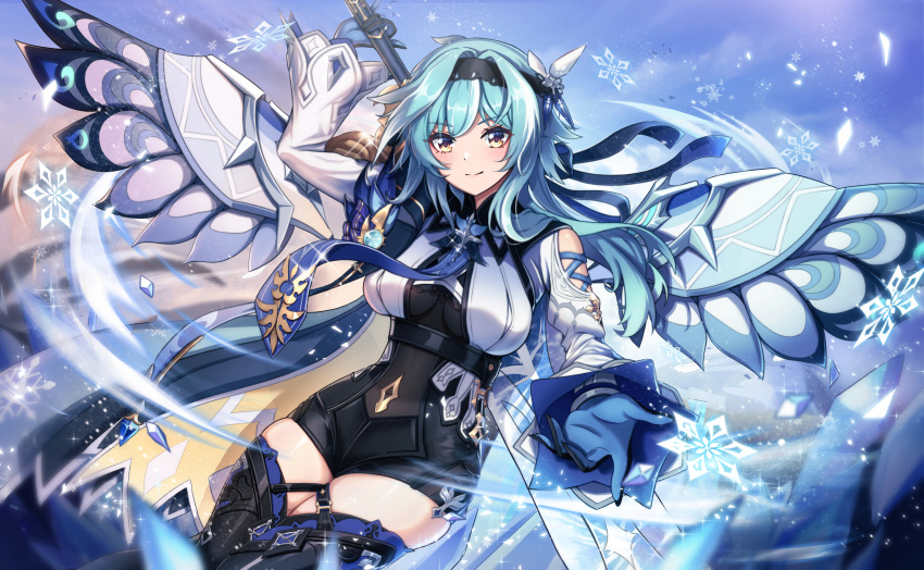 1girl arm_up black_hairband blue_cape blue_gloves blue_hair blue_necktie blue_sky blush boots breasts cape center_opening chest_harness clothing_cutout day eula_(genshin_impact) genshin_impact gloves greatsword hairband hand_up harness high-waist_shorts highres holding holding_sword holding_weapon ice_crystal large_breasts long_sleeves looking_at_viewer medium_hair necktie parted_bangs reaching reaching_towards_viewer saylamars see-through_cutout shorts shoulder_cutout sidelocks skindentation sky smile snowflakes solo song_of_broken_pines_(genshin_impact) sword sword_behind_back thigh_boots two-tone_gloves vision_(genshin_impact) weapon white_sleeves wide_sleeves wind_glider yellow_eyes