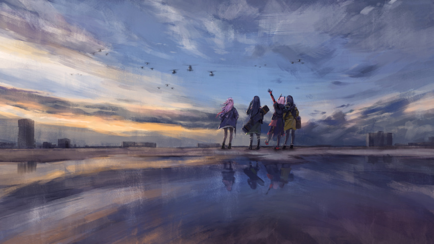aircraft anti-rain_(girls'_frontline) arm_on_shoulder building cloud cloudy_sky evening girls'_frontline gun helicopter highres holding holding_gun holding_weapon m4_sopmod_ii_(girls'_frontline) m4a1_(girls'_frontline) painting_(medium) reflection ro635_(girls'_frontline) sky st_ar-15_(girls'_frontline) traditional_media twilight viscum waving weapon weapon_case