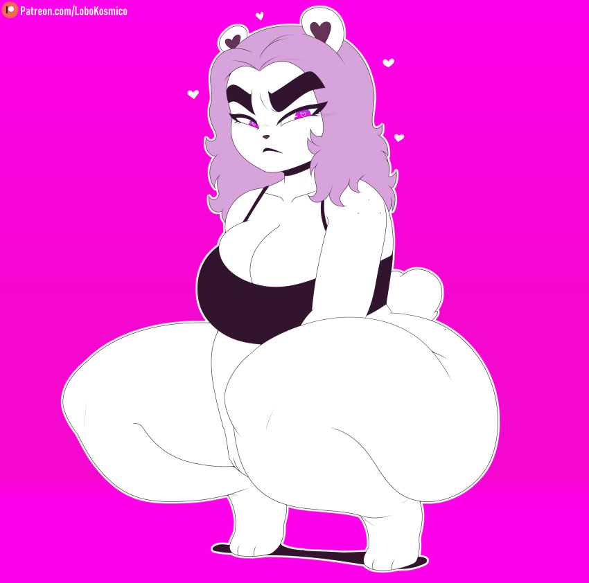 &lt;3 absurd_res angry anthro bear big_butt breasts butt clothed clothing crouching curvy_figure digital_drawing_(artwork) digital_media_(artwork) english_text eyebrows female fupp_(fuppfuc69) fuppfuc69 fur hair hi_res lobokosmico mammal pink_hair polar_bear simple_background solo tail text thick_eyebrows thick_thighs ursine white_body white_fur