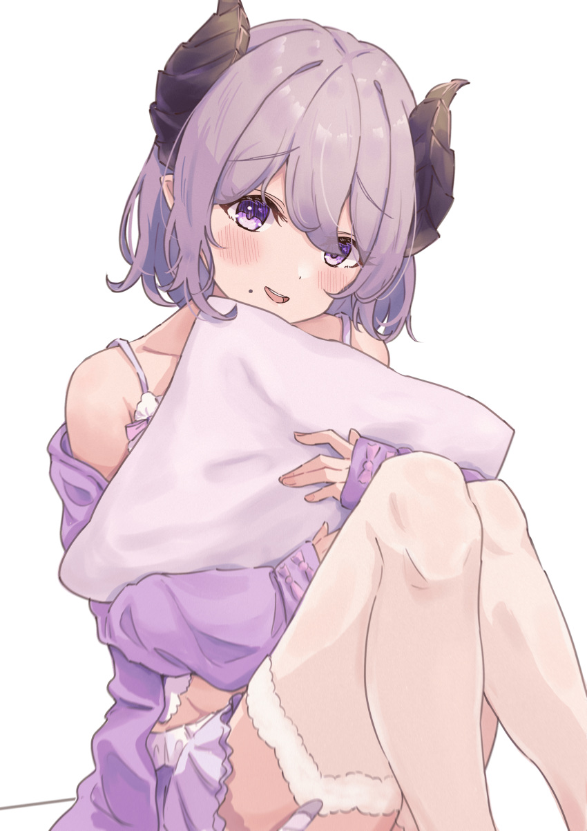 1girl absurdres blush brown_horns camisole commentary_request demon_girl demon_horns feet_out_of_frame fur-trimmed_thighhighs hair_between_eyes highres horns long_sleeves looking_at_viewer medium_bangs mole mole_under_mouth nanashi_inc. object_hug off_shoulder open_mouth pillow pillow_hug purple_camisole purple_eyes purple_hair purple_shirt purple_skirt saionji_mary shirt shishishi short_hair simple_background skirt smile solo thighhighs transparent_background virtual_youtuber white_thighhighs