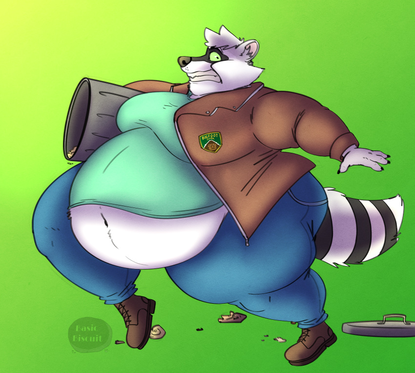 absurd_res ambiguous_gender anthro basicb belly belly_overhang big_belly clothed clothing green_eyes hi_res mammal markings moobs nonbinary_(lore) obese overweight patterson_(pattraccoon) procyonid raccoon running solo striped_markings striped_tail stripes tail tail_markings thick_thighs