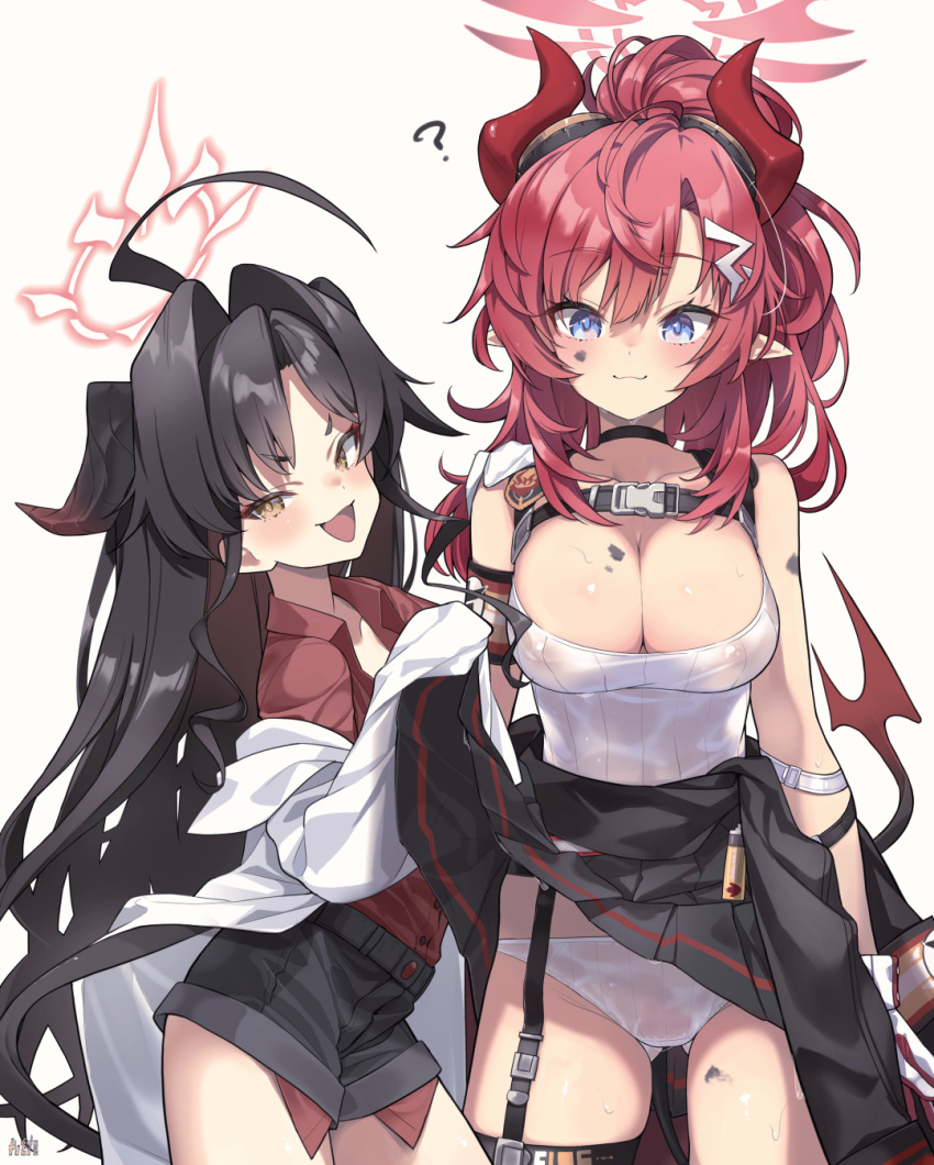 2girls ? ahoge arm_belt artist_logo black_choker black_hair black_horns black_shorts black_skirt black_tail blue_archive blue_eyes blush breasts choker closed_mouth coat collared_shirt cowboy_shot demon_horns demon_tail flat_chest hair_intakes hair_ornament hairpin halo highres horns kasumi_(blue_archive) lab_coat large_breasts long_hair megu_(blue_archive) multiple_girls open_mouth panties pleated_skirt pointy_ears ponytail red_hair red_halo red_horns red_shirt see-through_panties shirt shirt_tucked_in shorts sidelocks simple_background skirt smile sweater tail tank_top underwear white_background white_coat white_panties white_tank_top yellow_eyes yoshida_pino
