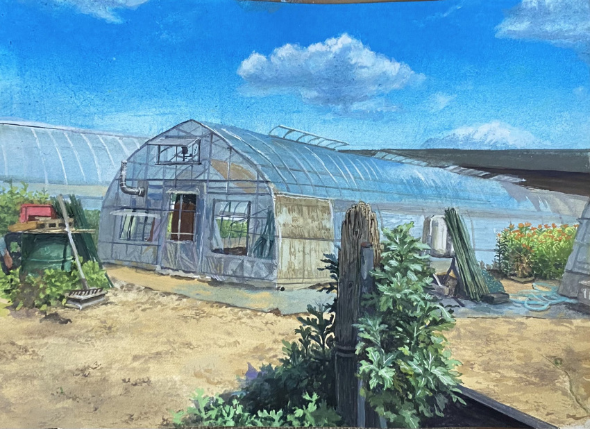 barrel blue_sky building cargo_pallet cloud cloudy_sky drum_(container) farm flower garden greenhouse highres hkwryyy_pepe hose original painting_(medium) plant rake red_flower sky traditional_media